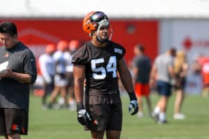 Cleveland Browns defensive end Olivier Vernon (54) on the field during the Cleveland Browns Training Camp on July 28, 2019, at the at the Cleveland Browns Training Facility in Berea, Ohio