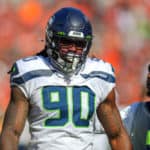 Seattle Seahawks defensive end Jadeveon Clowney (90) makes makes his way to the locker room at halftime of the National Football League game between the Seattle Seahawks and Cleveland Browns on October 13, 2019, at FirstEnergy Stadium in Cleveland, OH.