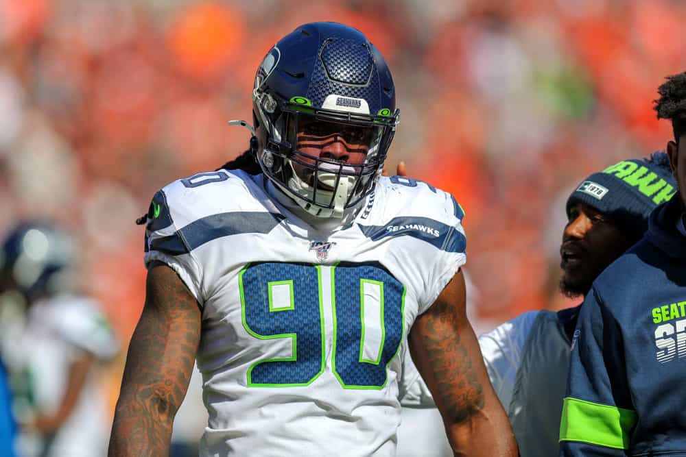 Seattle Seahawks defensive end Jadeveon Clowney (90) makes makes his way to the locker room at halftime of the National Football League game between the Seattle Seahawks and Cleveland Browns on October 13, 2019, at FirstEnergy Stadium in Cleveland, OH.