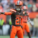 Cleveland Browns cornerback Denzel Ward (21) at the line of scrimmage during the second quarter of the National Football League game between the Buffalo Bills and Cleveland Browns on November 10, 2019, at FirstEnergy Stadium in Cleveland, OH.