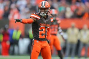 Cleveland Browns cornerback Denzel Ward (21) at the line of scrimmage during the second quarter of the National Football League game between the Buffalo Bills and Cleveland Browns on November 10, 2019, at FirstEnergy Stadium in Cleveland, OH.