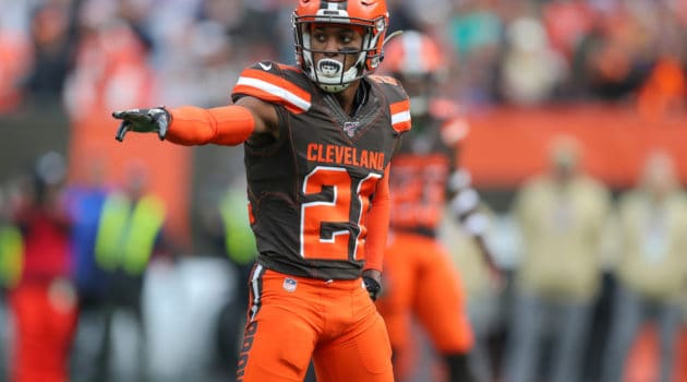 Cleveland Browns cornerback Denzel Ward (21) at the line of scrimmage during the second quarter of the National Football League game between the Buffalo Bills and Cleveland Browns on November 10, 2019, at FirstEnergy Stadium in Cleveland, OH.
