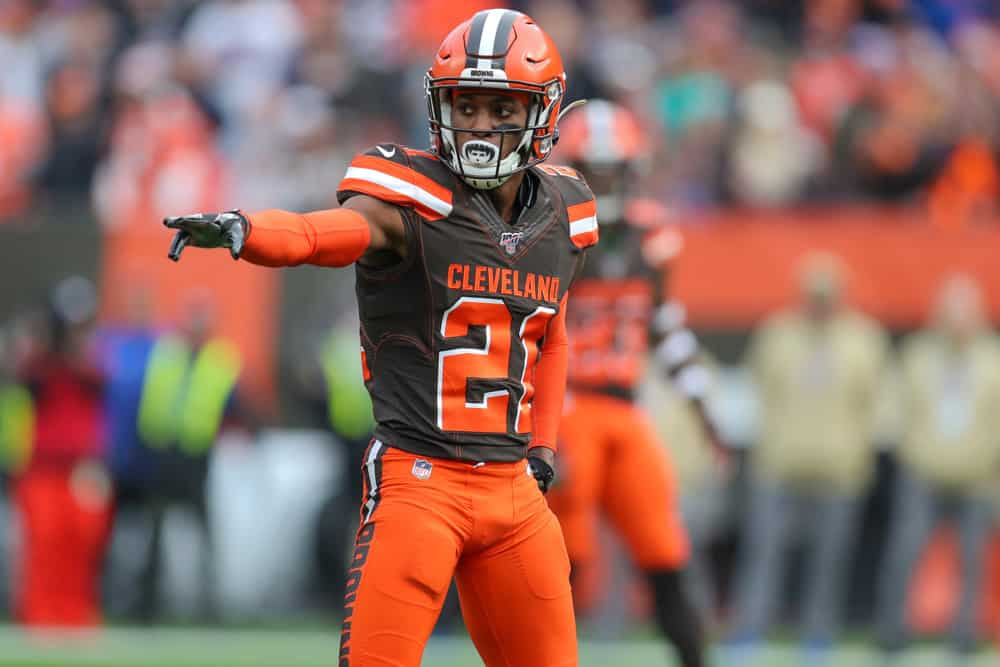 Cleveland Browns cornerback Denzel Ward (21) at the line of scrimmage during the second quarter of the National Football League game between the Buffalo Bills and Cleveland Browns on November 10, 2019, at FirstEnergy Stadium in Cleveland, OH.
