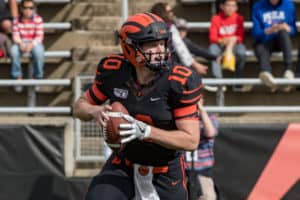 Princeton Tigers quarterback Kevin Davidson (10) in action during the college football game between the Harvard Crimson and Princeton Tigers on October 26, 2019 at Princeton Stadium in Princeton, NJ