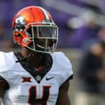 Oklahoma State Cowboys cornerback A.J. Green (4) before a Big 12 football game between the Oklahoma State Cowboys and Kansas State Wildcats on October 13, 2018 at Bill Snyder Family Stadium in Manhattan, KS.