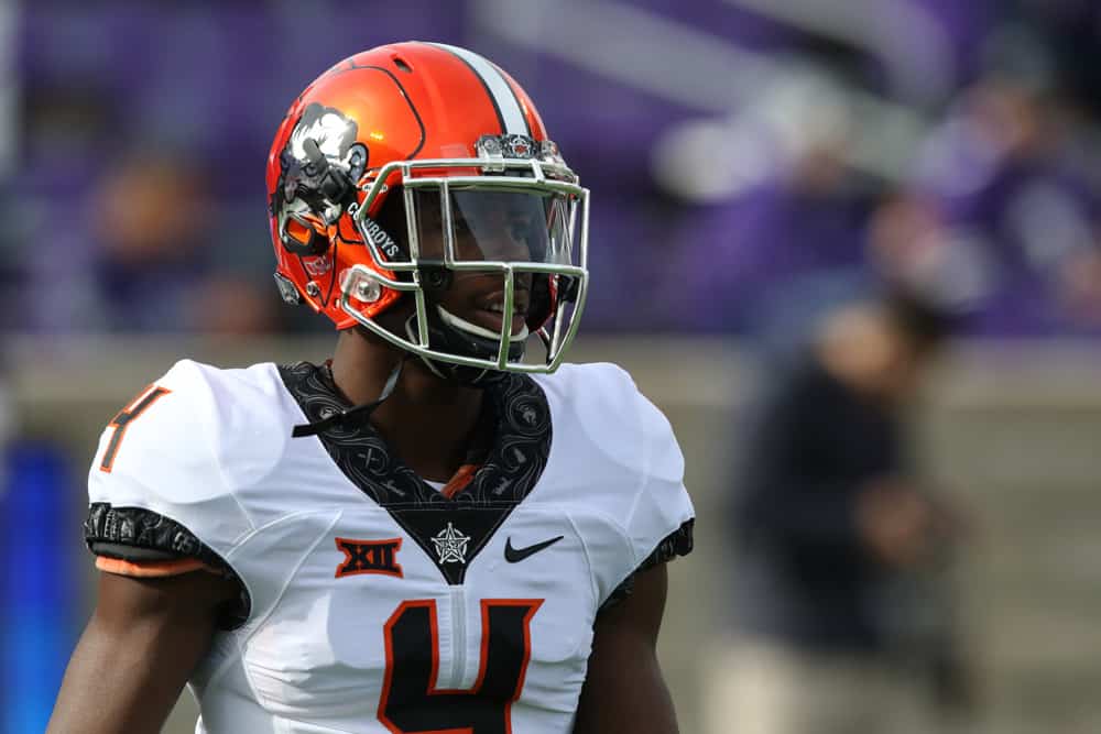 Oklahoma State Cowboys cornerback A.J. Green (4) before a Big 12 football game between the Oklahoma State Cowboys and Kansas State Wildcats on October 13, 2018 at Bill Snyder Family Stadium in Manhattan, KS.