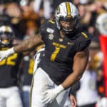 Missouri Tigers defensive lineman Jordan Elliott celebrates a defensive stop during the game between the Missouri Tigers and the Florida Gators on Saturday, November 16, 2019 at Memorial Stadium in Columbia, MO