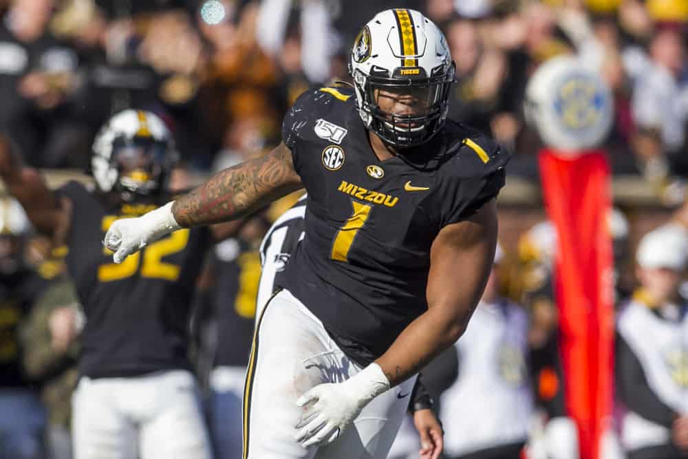 Missouri Tigers defensive lineman Jordan Elliott celebrates a defensive stop during the game between the Missouri Tigers and the Florida Gators on Saturday, November 16, 2019 at Memorial Stadium in Columbia, MO