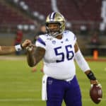 Washington Huskies offensive lineman Nick Harris (56) looks on before the college football game between the University of Washington Huskies and Stanford Cardinal on October 5, 2019 at Stanford Stadium in Palo Alto, CA