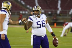 Washington Huskies offensive lineman Nick Harris (56) looks on before the college football game between the University of Washington Huskies and Stanford Cardinal on October 5, 2019 at Stanford Stadium in Palo Alto, CA