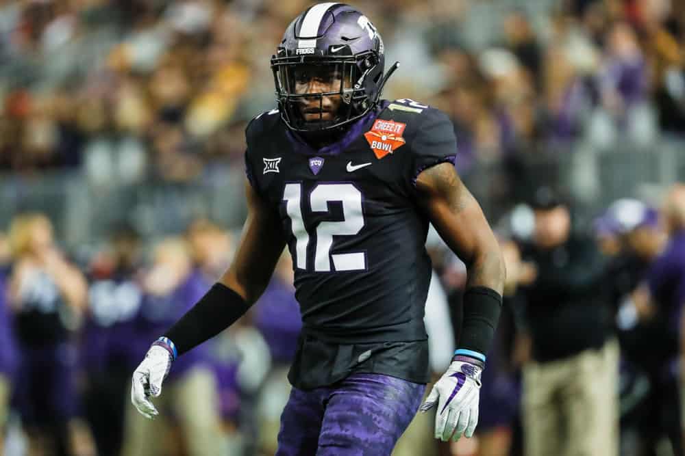 PHOENIX, AZ - DECEMBER 26: TCU Horned Frogs cornerback Jeff Gladney (12) looks on during the Cheez-It Bowl between the California Golden Bears and the TCU Horned Frogs on December 26, 2018 at Chase Field in Phoenix, Arizona. 