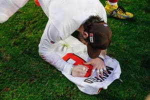 Cleveland Browns quarterback Baker Mayfield (6) signs his jersey after the NFL football game between the Cleveland Browns and the Arizona Cardinals on December 15, 2019 at State Farm Stadium in Glendale, Arizona.