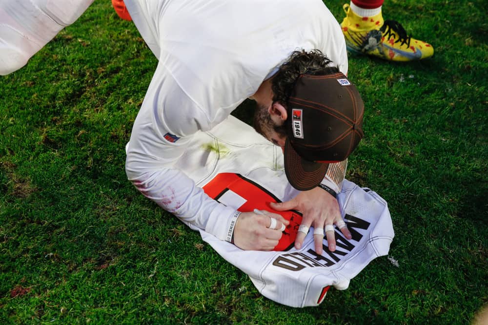 Cleveland Browns quarterback Baker Mayfield (6) signs his jersey after the NFL football game between the Cleveland Browns and the Arizona Cardinals on December 15, 2019 at State Farm Stadium in Glendale, Arizona. 