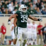 Michigan State linebacker Joe Bachie (35) celebrates a tackle during a college football game between the Michigan State Spartans and Indiana Hoosiers on September 28, 2019 at Spartan Stadium in East Lansing, MI.