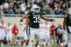 Michigan State linebacker Joe Bachie (35) celebrates a tackle during a college football game between the Michigan State Spartans and Indiana Hoosiers on September 28, 2019 at Spartan Stadium in East Lansing, MI.