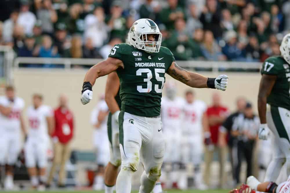 Michigan State linebacker Joe Bachie (35) celebrates a tackle during a college football game between the Michigan State Spartans and Indiana Hoosiers on September 28, 2019 at Spartan Stadium in East Lansing, MI. 