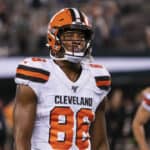 Cleveland Browns Tight End Pharaoh Brown (86) prior to the game between the Cleveland Browns and the New York Jets on September 16, 2019, at MetLife Stadium in East Rutherford, NJ.