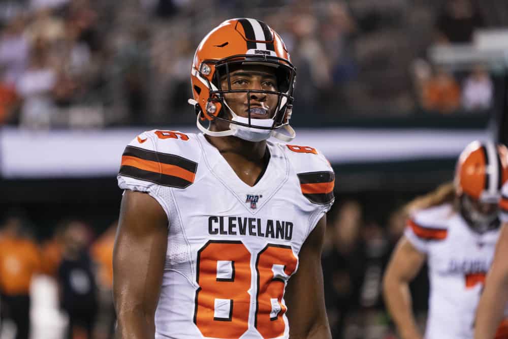 Cleveland Browns Tight End Pharaoh Brown (86) prior to the game between the Cleveland Browns and the New York Jets on September 16, 2019, at MetLife Stadium in East Rutherford, NJ.
