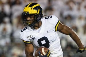 Michigan Wolverines Wide Receiver Donovan Peoples-Jones (9) runs back a punt during the second half of the game between the Michigan Wolverines and the Penn State Nittany Lions on October 19, 2019, at Beaver Stadium in University Park, PA,