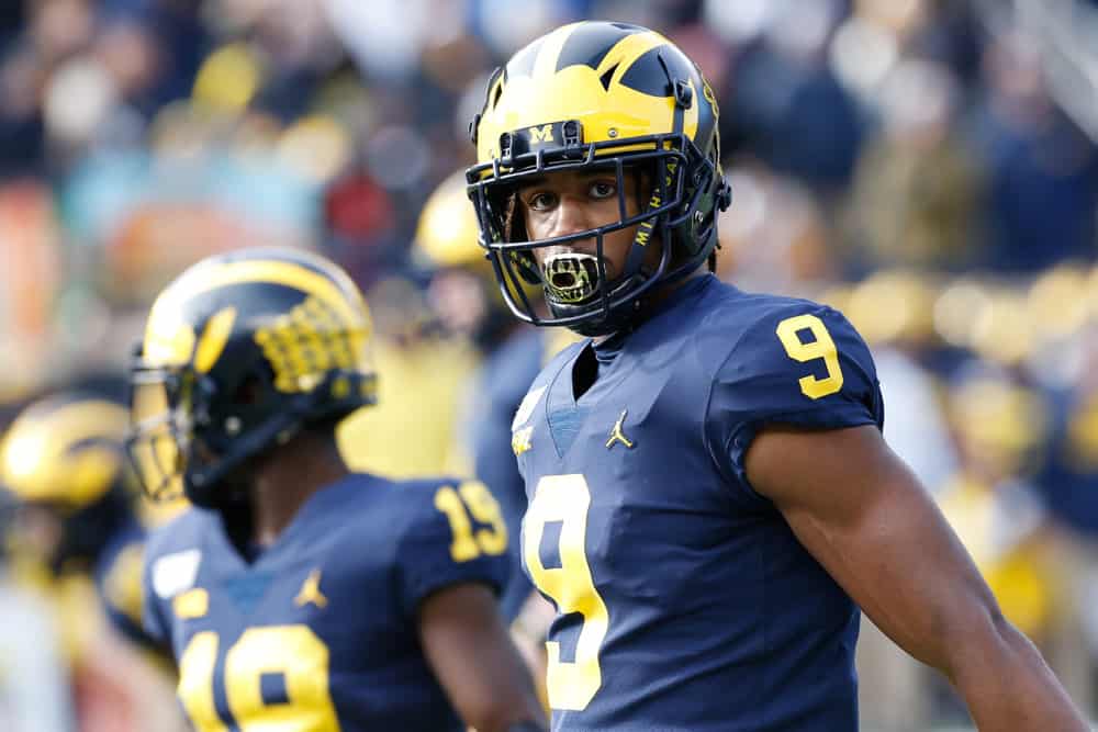 Michigan Wolverines wide receiver Donovan Peoples-Jones (9) looks to the sidelines during a regular season Big 10 Conference game between the Michigan State Spartans and the Michigan Wolverines (14) on November 16, 2019 at Michigan Stadium in Ann Arbor, Michigan.