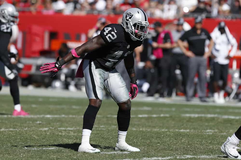 Oakland Raiders strong safety Karl Joseph (42) during the NFL game between the Oakland Raiders and Tampa Bay Buccaneers on October 30, 2016 at Raymond James Stadium in Tampa, FL.