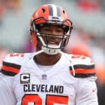 Cleveland Browns defensive end Myles Garrett (95) warms up before the game against the Cleveland Browns and the Cincinnati Bengals on November 25th 2018, at Paul Brown Stadium in Cincinnati, OH.