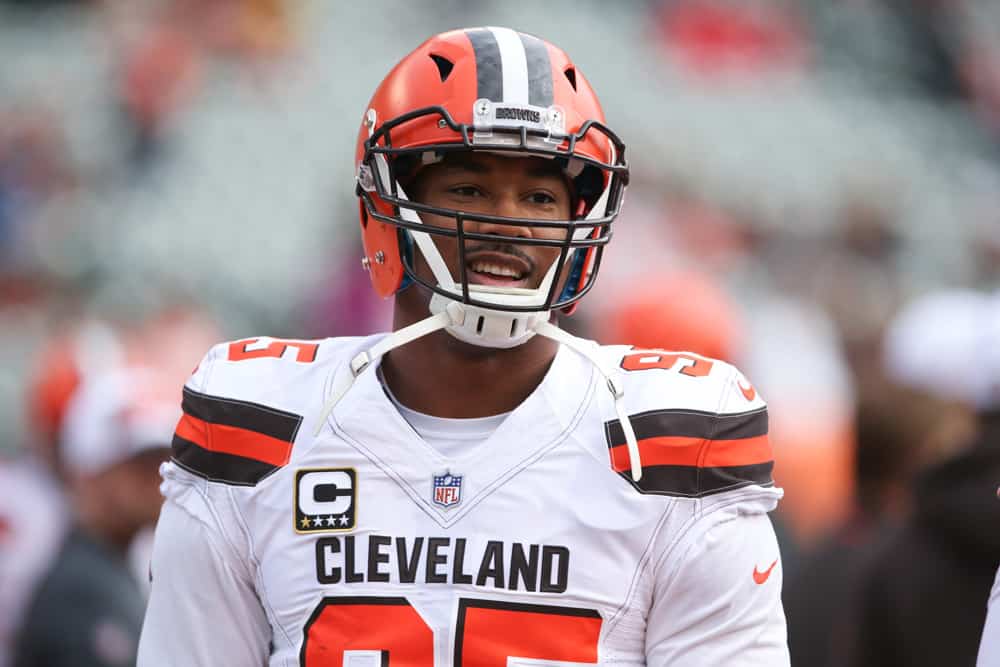 Cleveland Browns defensive end Myles Garrett (95) warms up before the game against the Cleveland Browns and the Cincinnati Bengals on November 25th 2018, at Paul Brown Stadium in Cincinnati, OH.