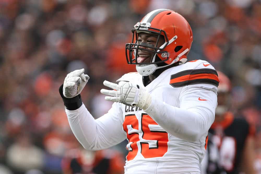 Cleveland Browns defensive tackle Larry Ogunjobi (65) reacts during the game against the Cleveland Browns and the Cincinnati Bengals on November 25th 2018, at Paul Brown Stadium in Cincinnati, OH.