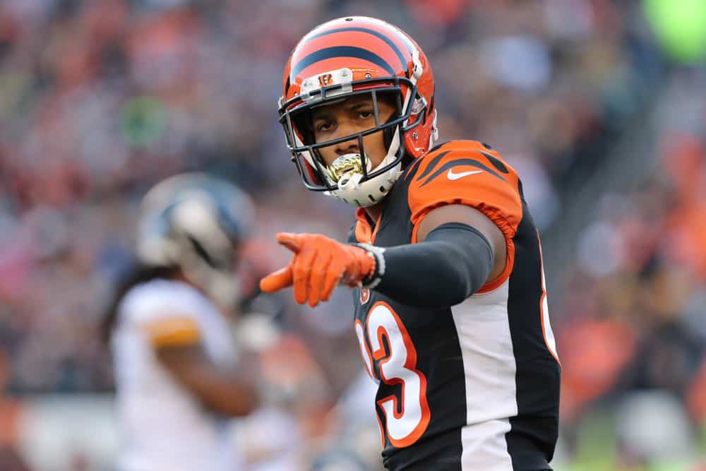 Cincinnati Bengals wide receiver Tyler Boyd (83) gets ready for a play during the game against the Pittsburgh Steelers and the Cincinnati Bengals on November 24th 2019, at Paul Brown Stadium in Cincinnati, OH.