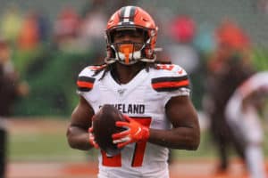 Cleveland Browns running back Kareem Hunt (27) warms up before the game against the Cleveland Browns and the Cincinnati Bengals on December 29, 2019, at Paul Brown Stadium in Cincinnati, OH.