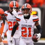 Cleveland Browns cornerback Denzel Ward (21) reacts with his teammates after an interception during the game against the Cleveland Browns and the Cincinnati Bengals on December 29, 2019, at Paul Brown Stadium in Cincinnati, OH.