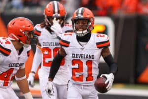 Cleveland Browns cornerback Denzel Ward (21) reacts with his teammates after an interception during the game against the Cleveland Browns and the Cincinnati Bengals on December 29, 2019, at Paul Brown Stadium in Cincinnati, OH.