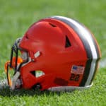 A Cleveland Browns helmet on the field prior to the National Football League game between the Los Angeles Chargers and Cleveland Browns on October 14, 2018, at FirstEnergy Stadium in Cleveland, OH. Los Angeles defeated Cleveland 38-14.