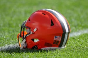 A Cleveland Browns helmet on the field prior to the National Football League game between the Los Angeles Chargers and Cleveland Browns on October 14, 2018, at FirstEnergy Stadium in Cleveland, OH. Los Angeles defeated Cleveland 38-14.