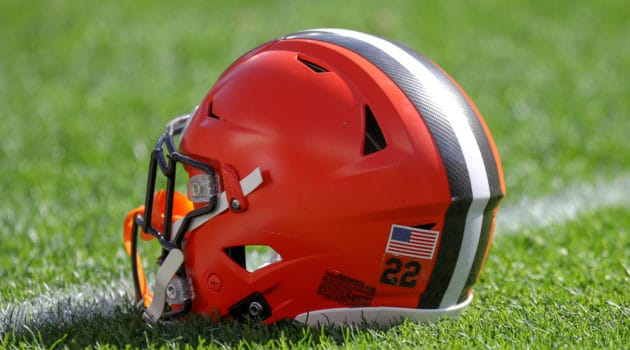 A Cleveland Browns helmet on the field prior to the National Football League game between the Los Angeles Chargers and Cleveland Browns on October 14, 2018, at FirstEnergy Stadium in Cleveland, OH. Los Angeles defeated Cleveland 38-14.