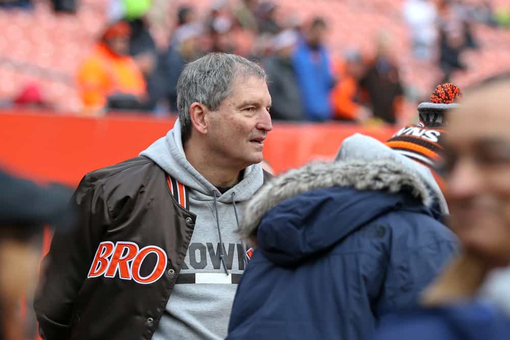 Cleveland Browns alumni Bernie Kosar on the field prior to the National Football League game between the Cincinnati Bengals and Cleveland Browns on December 23, 2018, at FirstEnergy Stadium in Cleveland, OH.