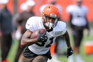 Cleveland Browns wide receiver Rashard Higgins (81) participates in drills during the Cleveland Browns Training Camp on July 28, 2019, at the at the Cleveland Browns Training Facility in Berea, Ohio.