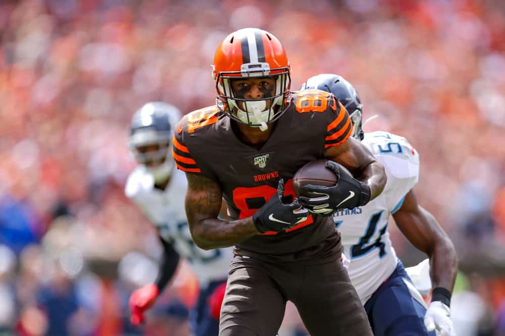 Cleveland Browns wide receiver Rashard Higgins (81) with the football after making a catch during the first quarter of the National Football League game between the Tennessee Titans and Cleveland Browns on September 8, 2019, at FirstEnergy Stadium in Cleveland, OH.