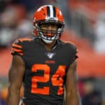 Cleveland Browns running back Nick Chubb (24) on the field prior to the National Football League game between the Pittsburgh Steelers and Cleveland Browns on November 14, 2019, at FirstEnergy Stadium in Cleveland, OH.