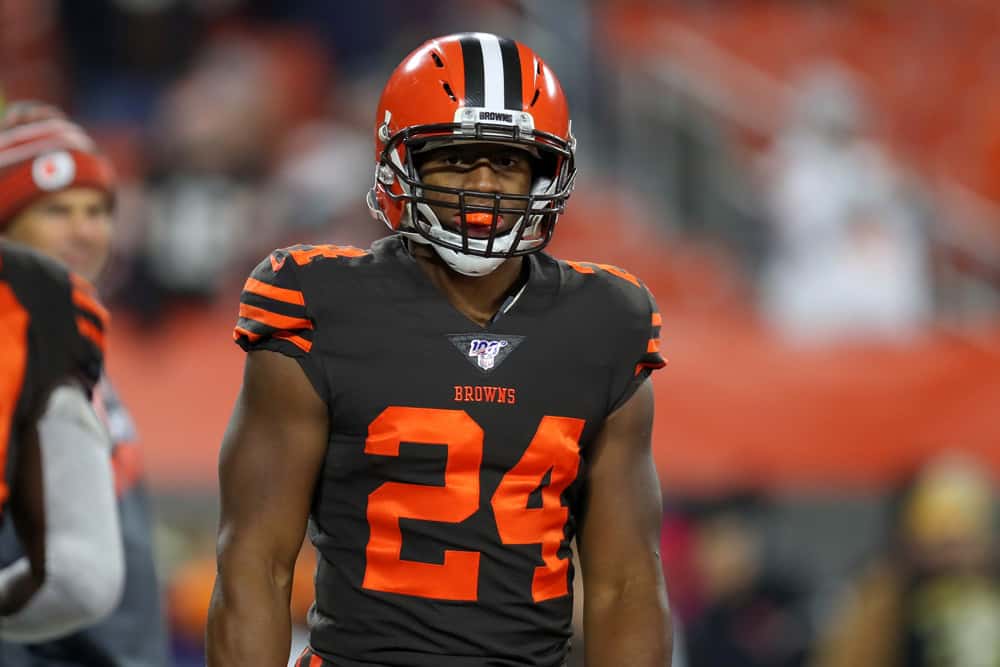 Cleveland Browns running back Nick Chubb (24) on the field prior to the National Football League game between the Pittsburgh Steelers and Cleveland Browns on November 14, 2019, at FirstEnergy Stadium in Cleveland, OH.