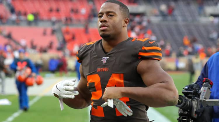 Cleveland Browns running back Nick Chubb (24) leaves the field following the National Football League game between the Cincinnati Bengals and Cleveland Browns on December 8, 2019, at FirstEnergy Stadium in Cleveland, OH.