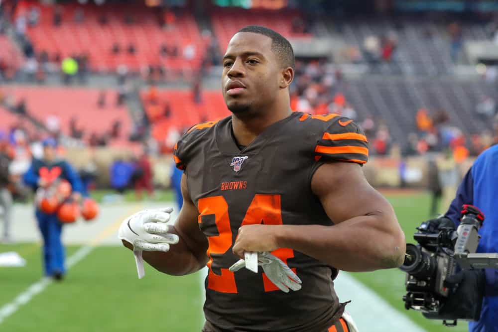 Cleveland Browns running back Nick Chubb (24) leaves the field following the National Football League game between the Cincinnati Bengals and Cleveland Browns on December 8, 2019, at FirstEnergy Stadium in Cleveland, OH.