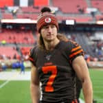 Cleveland Browns punter Jamie Gillan (7) leaves the field following the National Football League game between the Cincinnati Bengals and Cleveland Browns on December 8, 2019, at FirstEnergy Stadium in Cleveland, OH.