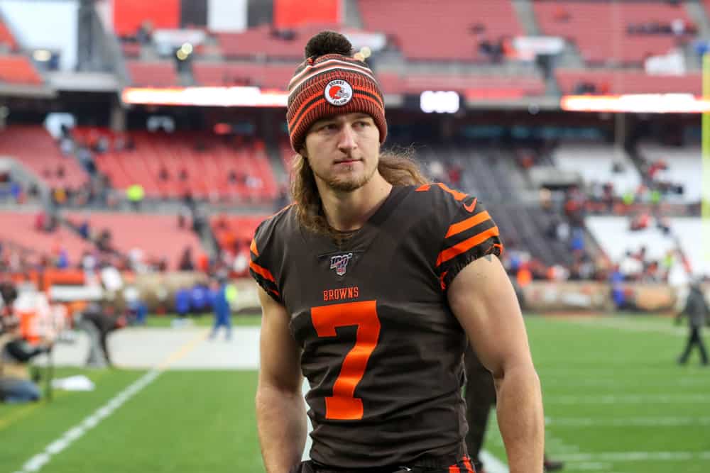 Cleveland Browns punter Jamie Gillan (7) leaves the field following the National Football League game between the Cincinnati Bengals and Cleveland Browns on December 8, 2019, at FirstEnergy Stadium in Cleveland, OH.