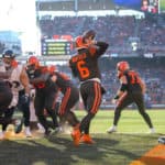 Cleveland Browns quarterback Baker Mayfield (6) throws a pass out of his own end zone during the second quarter of the National Football League game between the Baltimore Ravens and Cleveland Browns on December 22, 2019, at FirstEnergy Stadium in Cleveland, OH.
