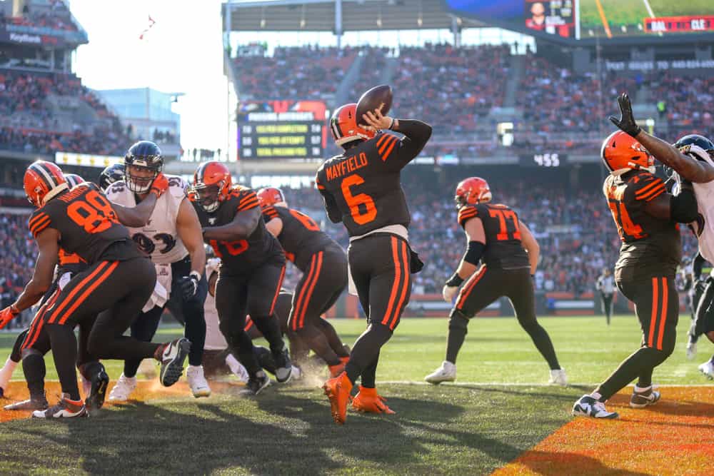 Cleveland Browns quarterback Baker Mayfield (6) throws a pass out of his own end zone during the second quarter of the National Football League game between the Baltimore Ravens and Cleveland Browns on December 22, 2019, at FirstEnergy Stadium in Cleveland, OH.