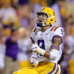 LSU Tigers safety Grant Delpit (9) reacts to sacking Mississippi Rebels quarterback Jordan Ta'amu (10) on September 29, 2018 at Tiger Stadium in Baton Rouge, LA.
