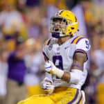 LSU Tigers safety Grant Delpit (9) reacts to sacking Mississippi Rebels quarterback Jordan Ta'amu (10) on September 29, 2018 at Tiger Stadium in Baton Rouge, LA.