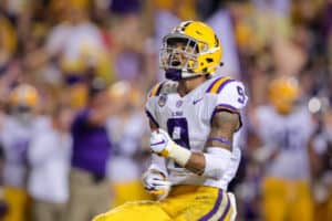 LSU Tigers safety Grant Delpit (9) reacts to sacking Mississippi Rebels quarterback Jordan Ta'amu (10) on September 29, 2018 at Tiger Stadium in Baton Rouge, LA.