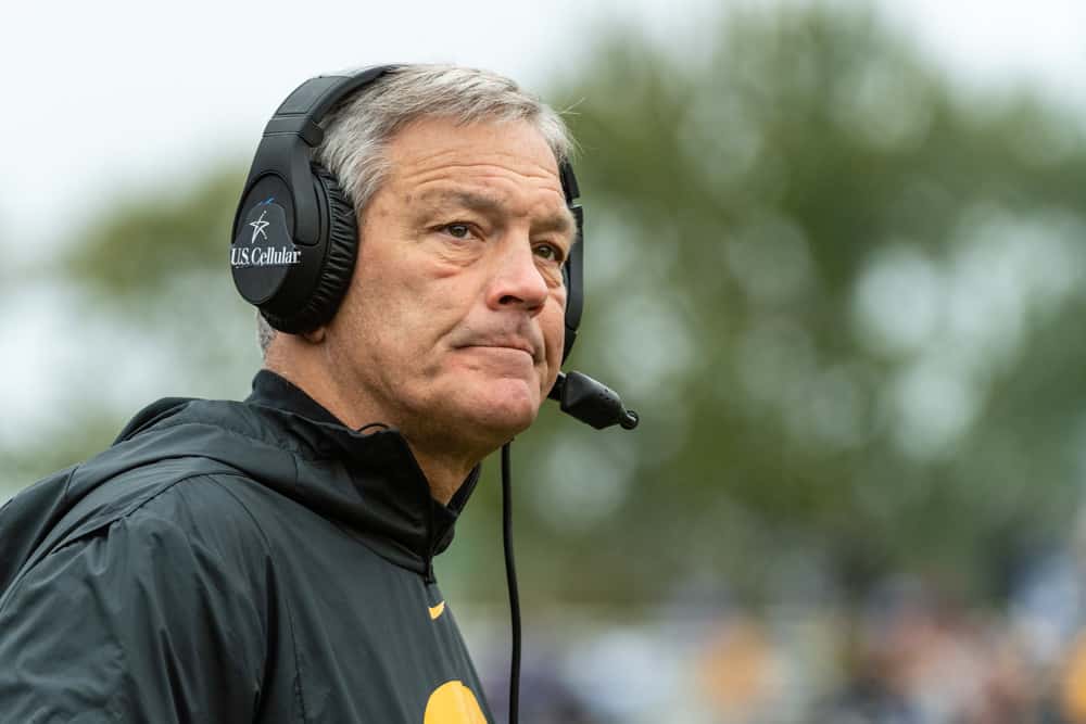 Iowa Hawkeyes head coach Kirk Ferentz looks on during a college football game between the Iowa Hawkeyes and the Northwestern Wildcats on October 26, 2019, at Ryan Field in Evanston, IL. 